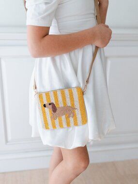NWT Beaded Dachshund Crossbody Purse Yellow White Stripe Doxie Dog Bag